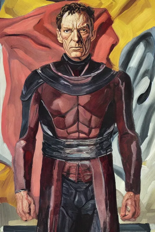 Prompt: Magneto fully costumed from the X-Men oil painting by Lucian Freud