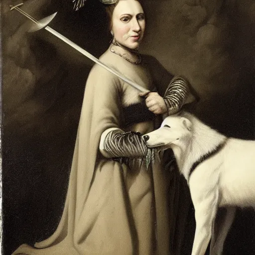 Prompt: painted portrait of a woman with a magic spear standing in front of her guardian wolf, in monochrome