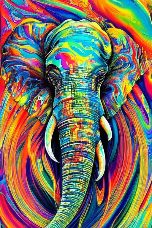 Image similar to fluid dynamics flow art a painting of an elephant with a colorful swirl, acrylic marbling art by sam spratt, deviantart, psychedelic art, psychedelic, cosmic horror, chromatic