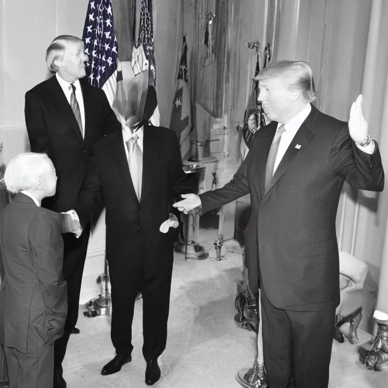 Prompt: A sinister grey space alien shaking hands with the President of the United States, official portrait