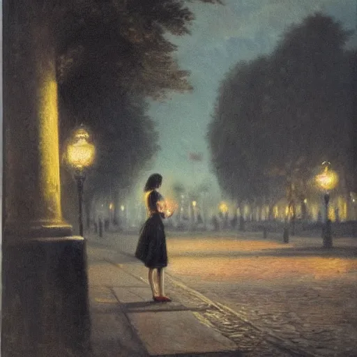 Image similar to a girl reading book, hair flowing down, city park, street lights, contrast, dramatic, by Edouard Bisson