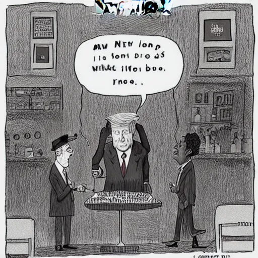 Prompt: new yorker cartoon by roz chast of donald trump, black and white,