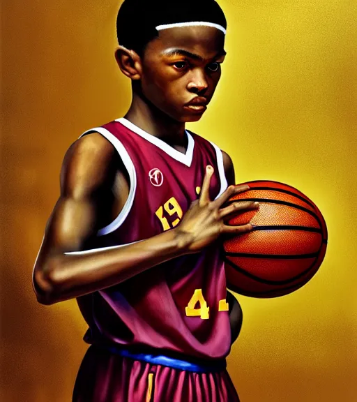 Prompt: portrait of a boy at a basketball court playing basketball wearing a basketball jersey in a basketball court standing near the basketball hoop, intense emotion, detailed facial expression, detailed surroundings, intricate, elegant, highly detailed, centered, digital painting, artstation, concept art, smooth, sharp focus, illustration, by (Johannes Vermeer), WLOP