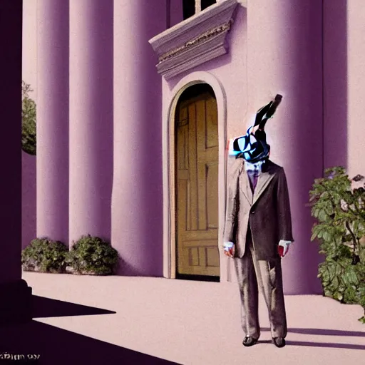 Prompt: a rabbit in a purple smoking jacket stands outside a palace, photorealism