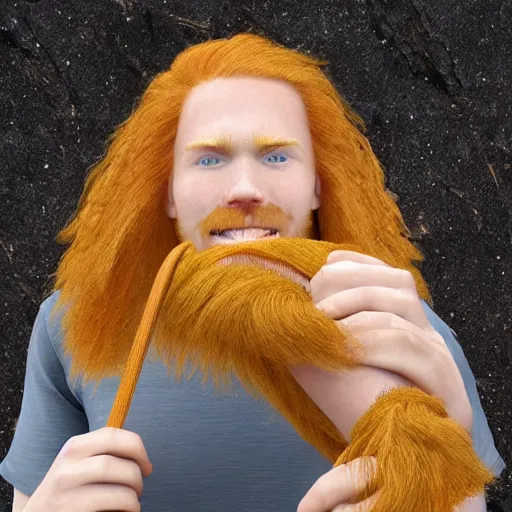 Prompt: ginger dude with long dog ear hair, freckles, hyper realistic