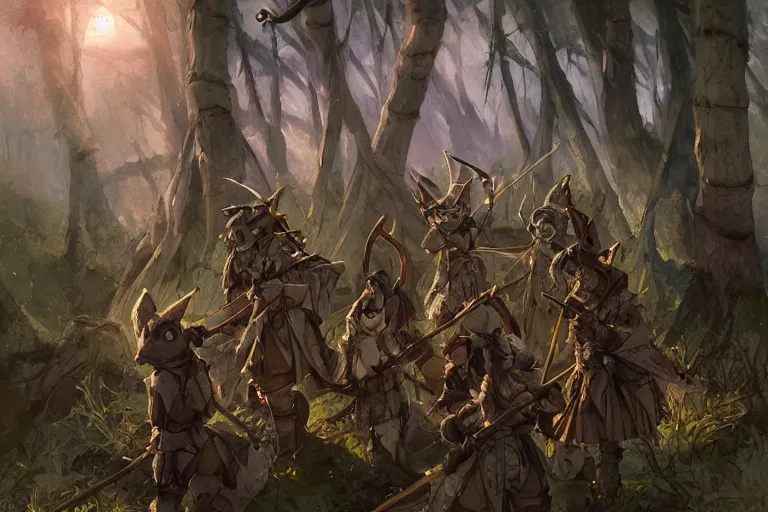 Prompt: dungeons and dragons fantasy painting, platoon of ashigaru mice emerge from the forest, tanegashima, hooded cloaks, whimsical and cute, determined expressions, watery eyes, anime inspired by krenz cushart, brown fur, tufty whiskers, feathered arrows, bamboo forest, dawn lighting, by brian froud jessica rossier and greg rutkowski