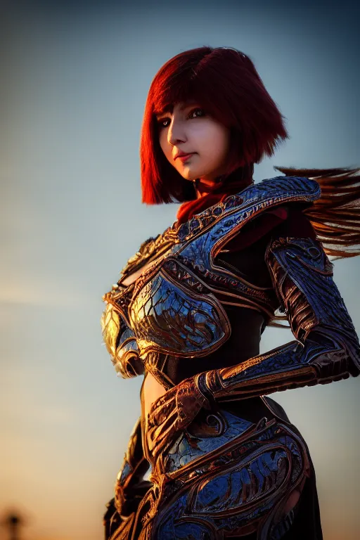 Image similar to a beautiful female guardian from neverwinter shyly posing on camera, symmetrical, cinematic, elegant, dawn light, real dlsr photography, sharp focus, 4 k, ultra hd, sense of awe