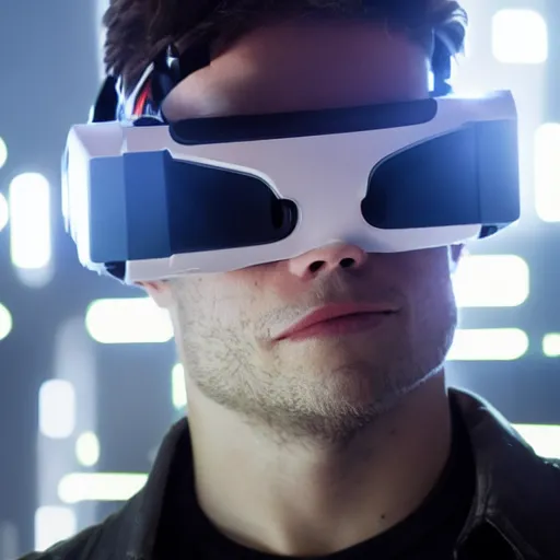 Image similar to a Portrait of a hacker wearing VR goggles, by Mr Robot, by Ready Player One, by Kung Fury, computer screens in the background, dark, dramatic, realistic studio lighting, realistic reflections, 4k, professional, canon