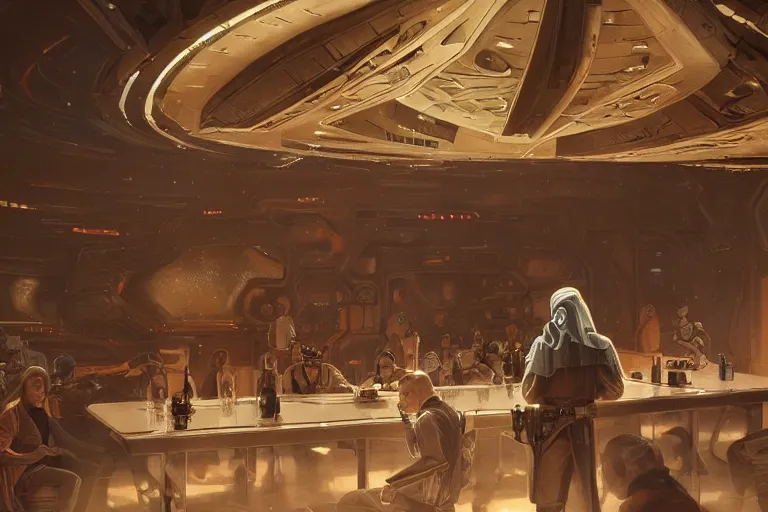 Image similar to ultra realistic illustration, empty cantina interior from star wars and star trek, intricate, elegant, highly detailed, nobodies, digital painting, artstation, concept art, smooth, sharp focus, illustration, art by artgerm and greg rutkowski and alphonse mucha