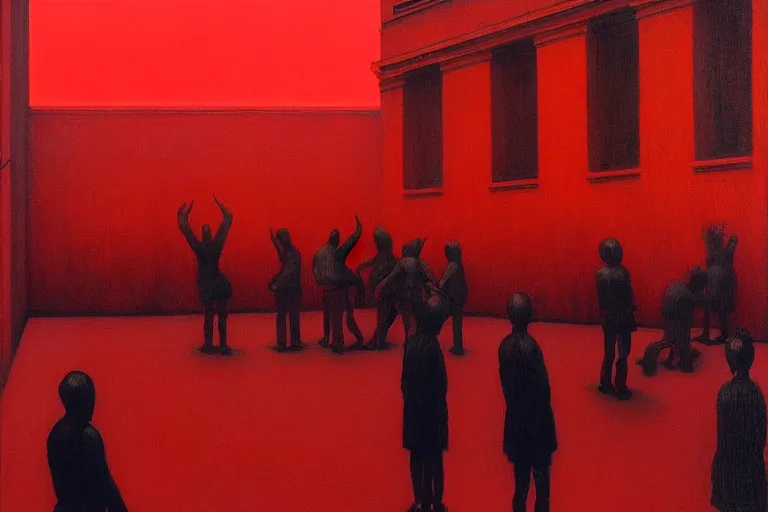 Image similar to only with red, crowd delirious at the sight of a painting, in a city square, in the style of beksinski, parts by edward hopper, parts by rodcenko, parts by yue minjun, intricate and epic composition, red by caravaggio, insanely quality, highly detailed, masterpiece, red light, artstation, 4 k