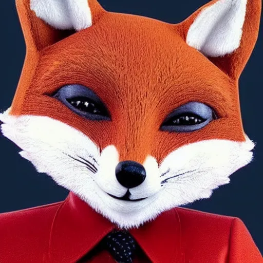 Image similar to a humanoid fox with a face inspired by mr. bean