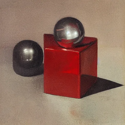 Prompt: chrome spheres on a red cube by gerard ter borch