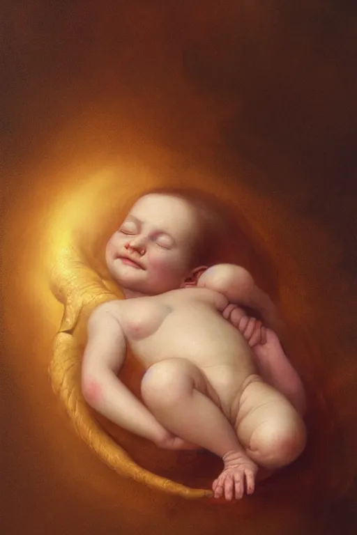 Prompt: a baby sleeping and glowing in a golden light in the style of wayne barlowe, gustav moreau, goward, bussiere, roberto ferri, santiago caruso, luis ricardo falero, austin osman spare