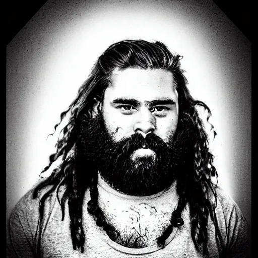 Prompt: portrait of Willie Ray Keene, a 27-year old man from rural Georgia. Willie Ray has a hirstute, muscular build. Long unkempt mane of hair. thick beard. wearing a white t-shirt. His vibe and general aesthetic is: primal, wild, predatory, snarling, lupine, apex, vibrant. Willie Ray is a shaman and ecstatic of the Thyrsus path. mage: the awakening art, chronicles of darkness modern supernatural horror universe. by Samuel Araya, Jason Harkness, and Richard Corben. high detail high quality portrait with realistic face and face proportions. hyperrealistic lighting.