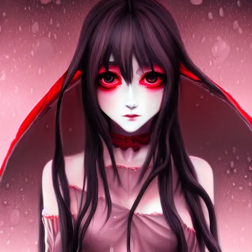 Image similar to beautiful seductive female ghost, in the rain, highly detailed, painting, dark red and black color palette, intricate, high quality 3 d anime artstyle, in the style of sana takeda