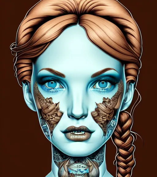 Prompt: portrait of a woman raised on the island face tatooes by joe fenton, dynamic lighting, gradient light blue, brown, blonde cream and white color scheme, grunge aesthetic