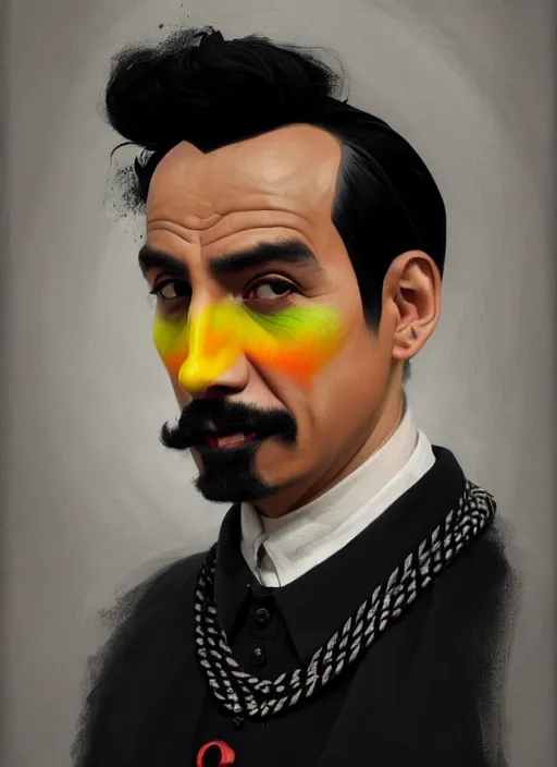 Image similar to portrait of a peruvian man with a crooked nose and a confident expression, 1 9 6 0 s, black clothes, goth, punk, brightly coloured hair, funk, intricate, elegant, highly detailed, digital painting, artstation, concept art, smooth, sharp focus, illustration, art by wlop, mars ravelo and greg rutkowski