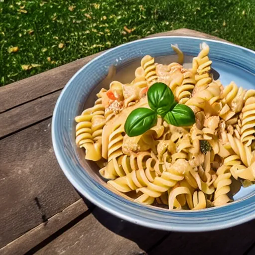 Prompt: a bowl of pasta on a picnic table