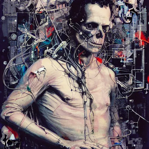 Prompt: thomas jane as a cyberpunk noir detective, skulls, wires cybernetic implants, machine noir grimcore, in the style of adrian ghenie esao andrews jenny saville surrealism dark art by james jean takato yamamoto and by ashley wood