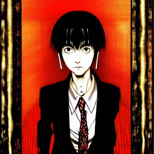 Image similar to yoshitaka amano blurred and dreamy realistic three quarter angle horror portrait of a sinister young woman with short hair, big earrings and red eyes wearing office suit with tie, junji ito abstract patterns in the background, satoshi kon anime, noisy film grain effect, highly detailed, renaissance oil painting, weird portrait angle, blurred lost edges