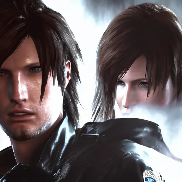 Image similar to Squall Leonhart in Resident Evil 2, unreal engine, dramatic lighting, cinematic