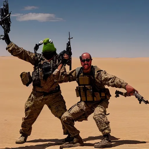 Prompt: special forces muppets fighting in the desert. epic action movie production photograph.