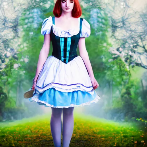 Image similar to beautiful full body portrait of alice in wonderland, middle aged, atmospheric, 4 k, strap shoes, white rabbit in background
