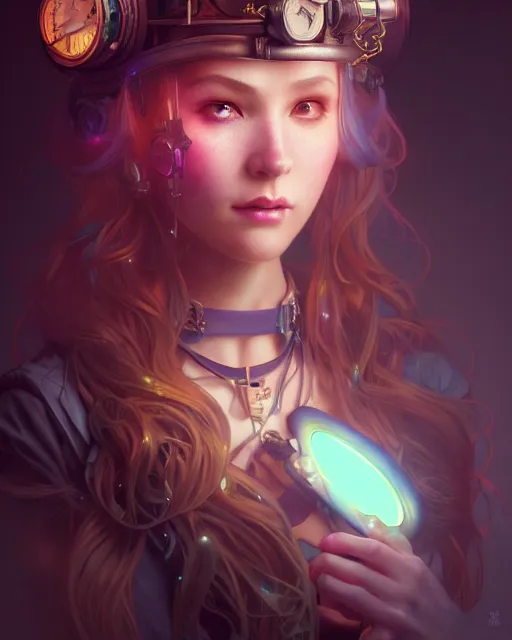 Image similar to one singular portrait of a cute bioluminescent steampunk girl, highly detailed, digital painting, moody cinematic lighting, hyperrealism, dark retrowave, art by stanley lau and artgerm and magali villeneuve and alphonse mucha, artstation, octane render, cgsociety