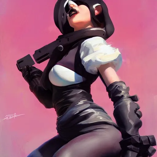 Image similar to greg manchess portrait painting of yorha type a no. 2 as tracy from overwatch, back shot, asymmetrical, profile picture, organic painting, sunny day, matte painting, bold shapes, hard edges, street art, trending on artstation, by huang guangjian and gil elvgren and sachin teng