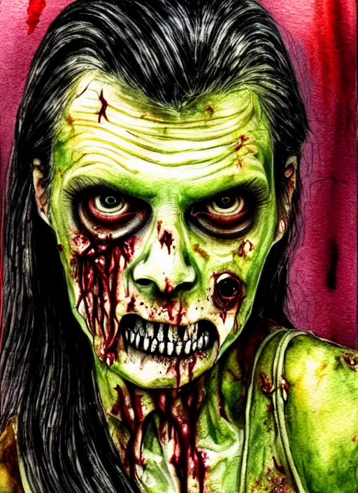Image similar to zombie hollywood professional acting headshot, hyperrealism, intricate detailed, studio lighting, charming expression gesicht, watercolor art, drawn and painted, colored layers, dulled contrast, painterly