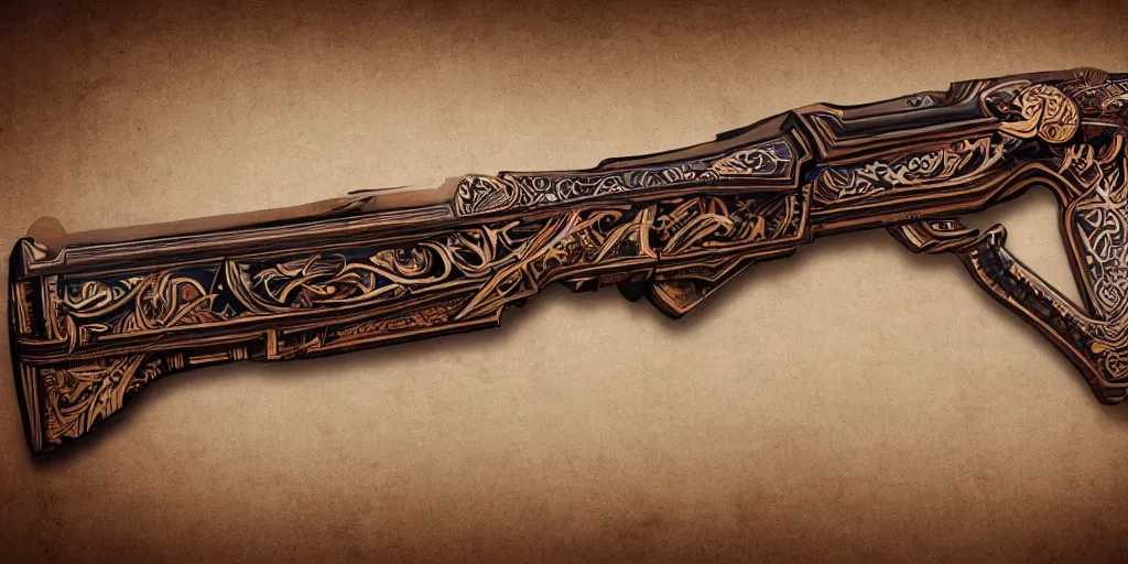 Image similar to a magic shotgun made out of wood, glowing in power, digital art, intricate details, professional