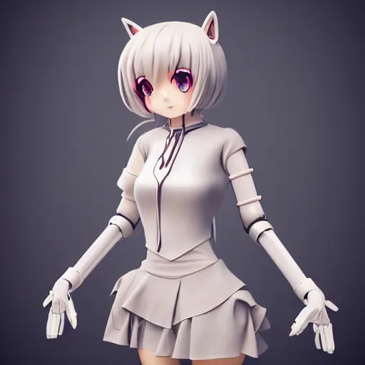 Prompt: beautiful full body portrait of a human like anime girl robot with artificial pale skin and fox ears, high quality, highly detailed, 4 k, drawn by wwpgi, trending on artstation, digital art, rendered in unity 3 d