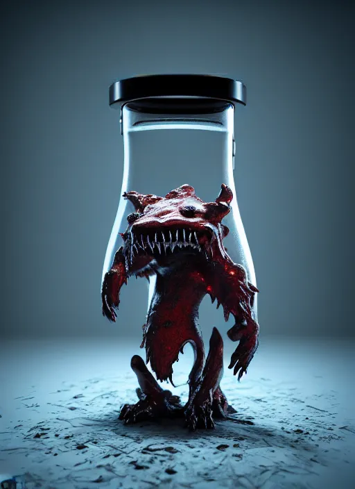 Prompt: magic glass flasks small anthropomorphic monster with sharp teeth inside, realistic, intricate, rendered in octane caustics subsurface scattering render 8 k, dark, cinematic light