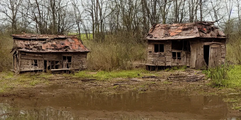 Image similar to abandoned very detailed wooden house, spring, mud, near river, very detailed