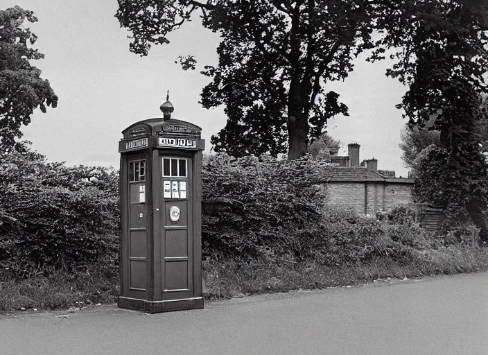 Image similar to photo of a metropolitan police box on a street in suburban london, police box, 1936, sepia