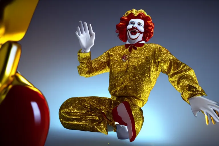 Image similar to a still of ronald mcdonald surrounded by gold and diamonds, award - winning, photograph, 3 d render, unreal engine, 4 k detailed