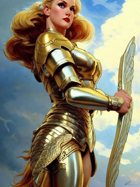 Image similar to pin - up poster of a valkyrie, skintight heavy armor, wings, heroic, celestial - themed, white skin, golden hair, golden eyes, dnd, highly detailed, two arms, detailed face, smooth, sharp focus, pastel painting, by artgerm and greg rutkowski and alphonse mucha