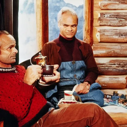 Prompt: terence hill drinking tea in his mountain cabin, a cute pillow is visible in the couch