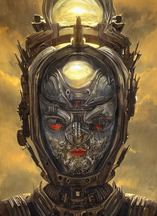 Image similar to symmetry! middle closeup chamber portrait of a biblical diabolical girl!! stylish cyborg armor, pirate spaceship, heavy eyes to the side, closeup, bright glowing eyes, in clouds, rain, sunset, by gerald brom, by mikhail vrubel, by peter elson, muted colors, extreme detail, mirrors, trending on artstation, 8 k