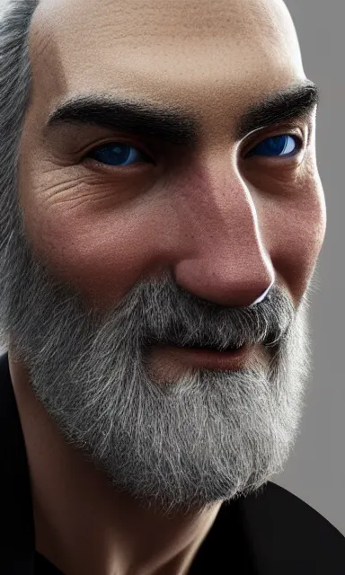 Prompt: face closeup covered with 4 0 year old man, siny smile, medium sized eyebrows, gren grey eyes, pale skin, grey beard, long grey hair, symmetric face, 3 d render, hyper - realistic detailed portrait, ruan jia, wlop
