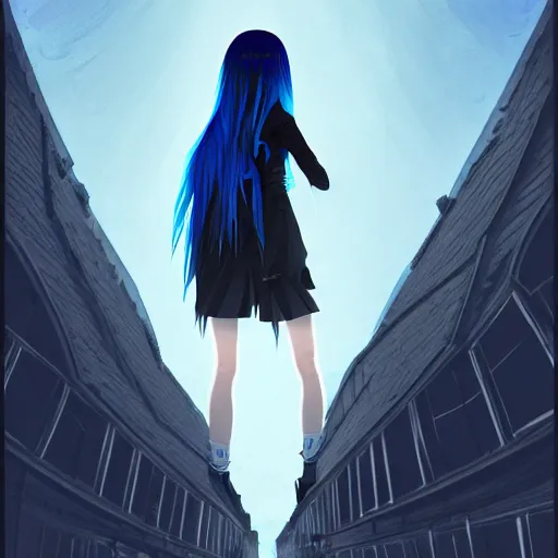 Image similar to low - angle shot from behind of a long blue - haired girl in a tailcoat looking up at the tower, combat boots, noir, screenshot, sharp focus, intricate, illustration, cell shaded, digital painting, highly detailed, straight hair, art by ilya kuvshinov, wlop, greg rutkowski, studio quality, james jean