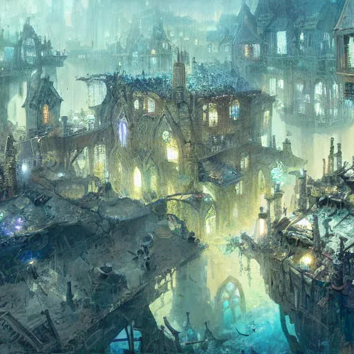 Prompt: Oil painting of underwater town, D&D, Magic The Gathering, by Craig Mullins, intricate details, light rays from the surface, Nekro, Victo Ngai, centered, symmetrical, volumetric lighting