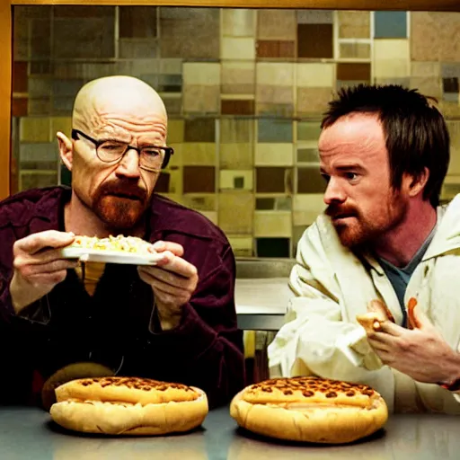 Image similar to walter white and jesse pinkman eating hamburger