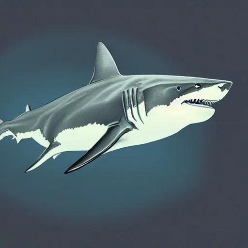 Prompt: great white shark, side view, with a conical orange traffic cone orange traffic cone orange traffic cone instead of a fin - ron cheng & alphonse mucha, highly detailed, digital painting, ray tracing, concept art, illustration, smooth sharp focus, intricate, symmetry, artstation,