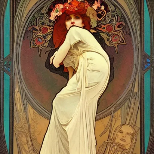 Prompt: a beautiful female necromancer raising the dead by alphonse mucha by jules joseph lefebvre