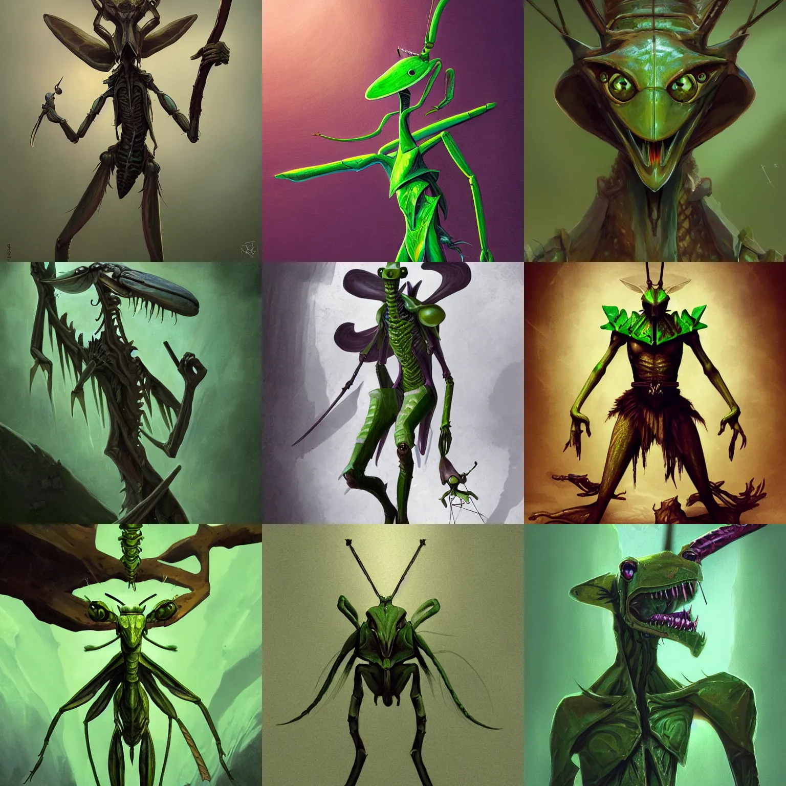 Prompt: portrait of green anthropomorphic mantis religiosa holding an enchanted dagger ; hard predatory look ; d & d rogue ; 6 legs ; triangle - shaped head with antennae ; concept art ; artstation ; 8 k ; wallpapers ; heavy contrast ; cinematic art ; cgsociety ; art by greg rutkowski and artgerm