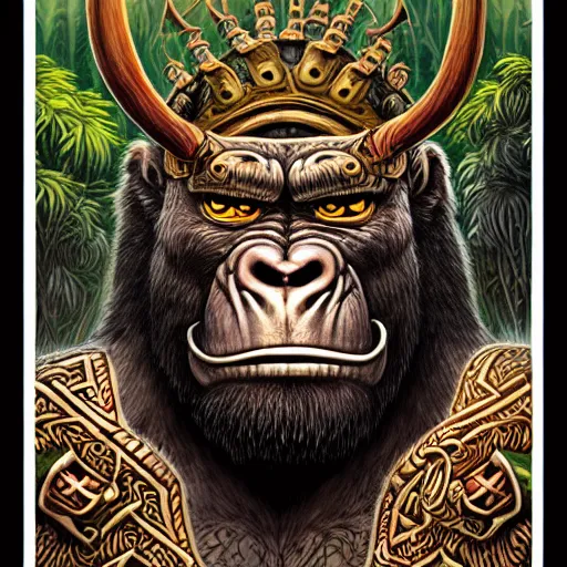 Prompt: close up view, barong family member, viking warrior, viking beard, reindeer horns, runic inscription, king kong, gorilla, wiwek, mara demon, one single tribe member, jungle, one single mask, dark, ancient warrior, tribal, inner glow, art by dan mumford and justin gerard and bob pepper