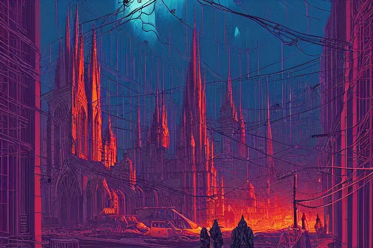 Prompt: a gothic cathedral dan mumford and josan gonzalez and simon stalenhag, cyberpunk, electric wires