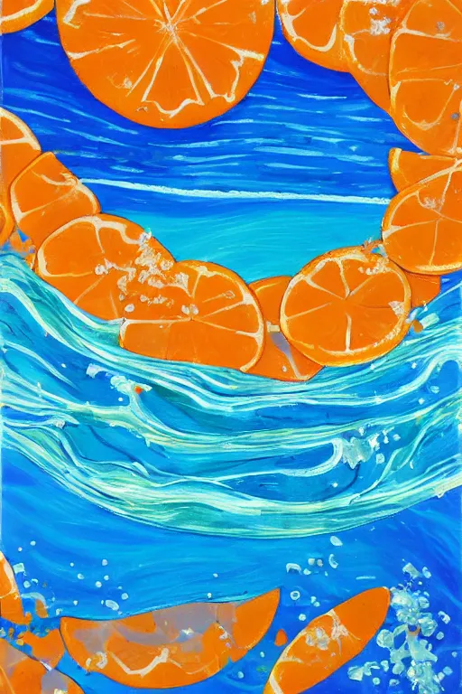 Image similar to a Acrylic painting of summer ,water,wave , orange and orange slices,blue theme and Yellow accents,Colour composition