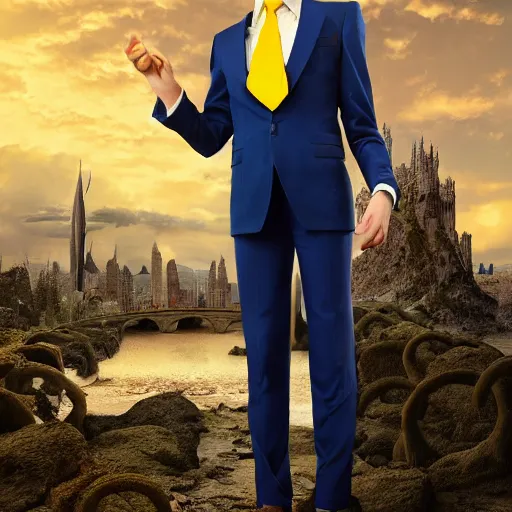 Prompt: portrait of a beautiful androgynous actress with long messy spiked auburn hair, golden eyes, and tufted elf ears and dressed in a blue men's suit with a yellow tie, standing on a stone bridge with a fantasy metropolis of tall stone towers in the background